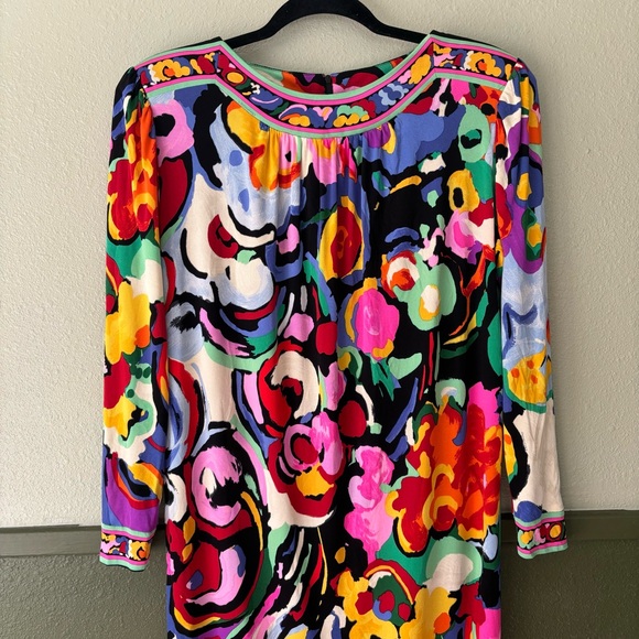 Vintage Leonard Paris Silk Jersey Mikado Midi Floral Dress Size Large - Picture 3 of 12